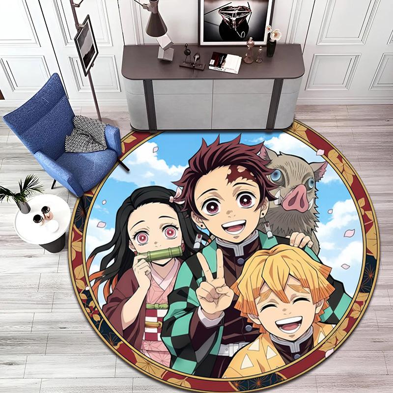 Classic Japanese-style Cartoon Demon Slayer Round Rug, Home Soft Decorative Anti-slip Yoga Mat and Chair Mat, Outdoor Floor Mat Carpet K33