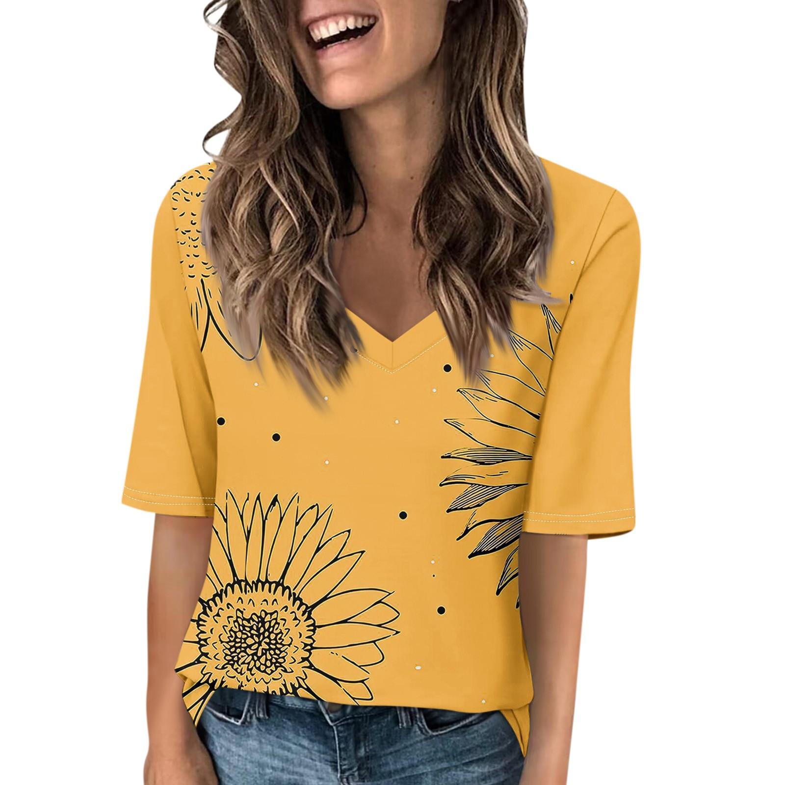 

Женские футболки с V-образным вырезом, топы с половиной рукавов, повседневные летние футболки с принтом, футболка, блузка XL оранжевый