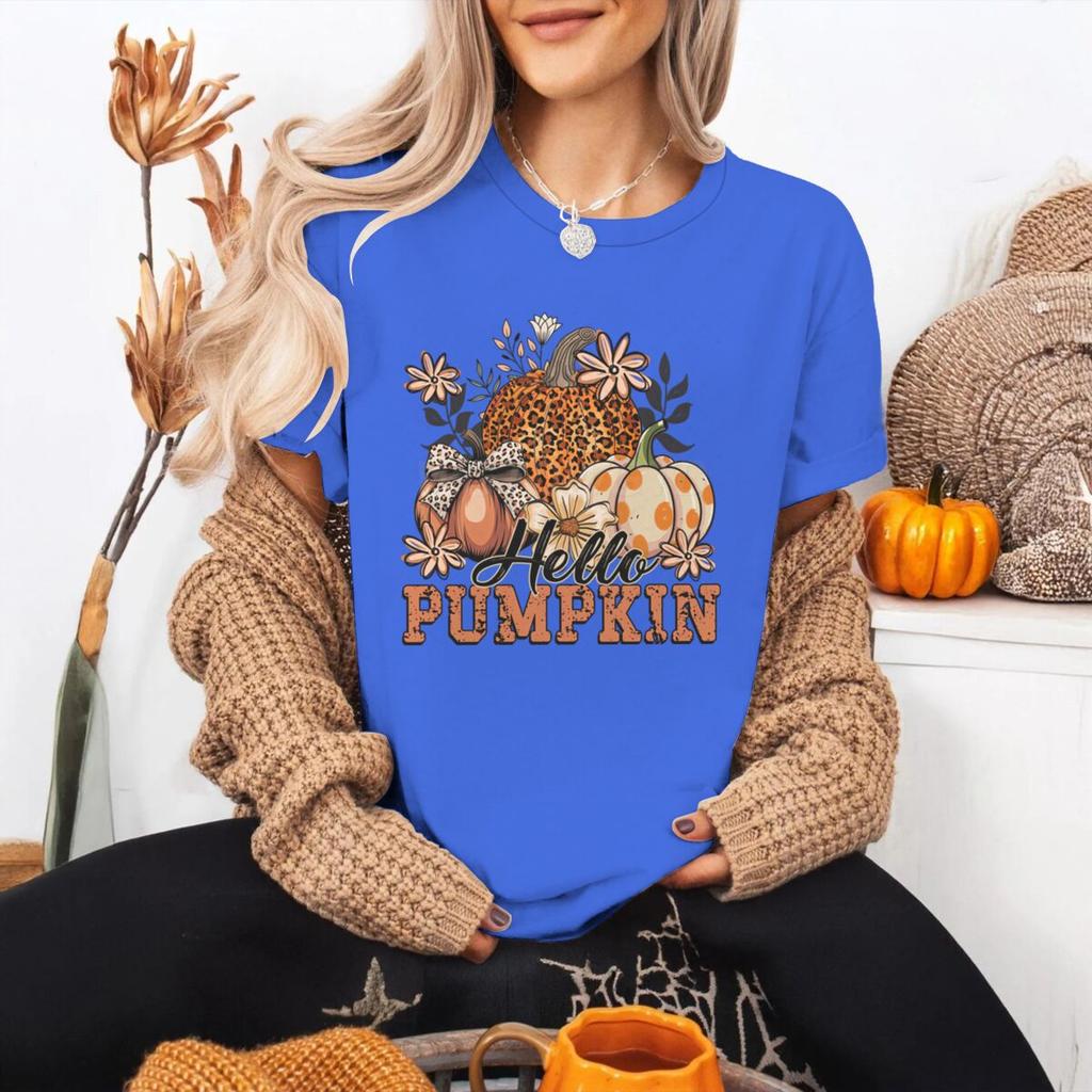 Hello Pumpkin Tshirt FeUnisex Halloween Fall Leopard Pumpkin Coquette Bow Graphic T Shirts Spooky Season Short Sleeve Tee Top