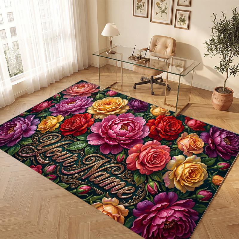 Floral Garden Theme Soft Crystal Velvet Rug Custom Name & Text Print Non Slip Floor Rug for Bedroom Living Room