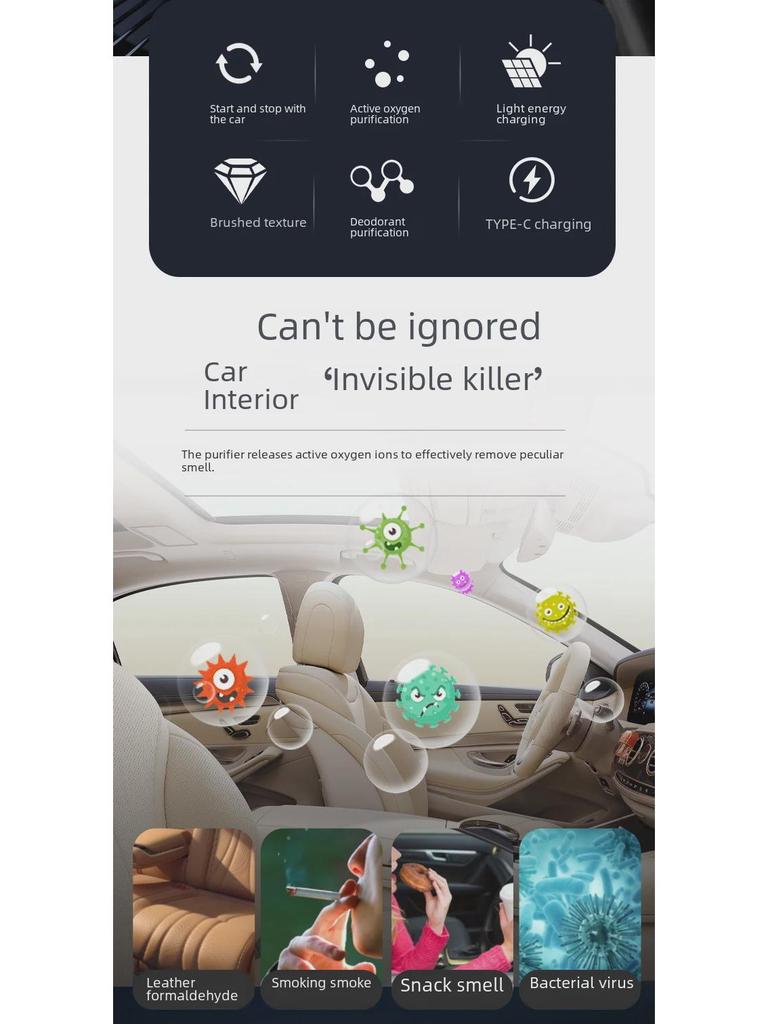 Solarny oczyszczacz powietrza do samochodu z automatycznym generatorem ozonu, dezodoryzatorem, sterylizatorem i ładowaniem solarnym