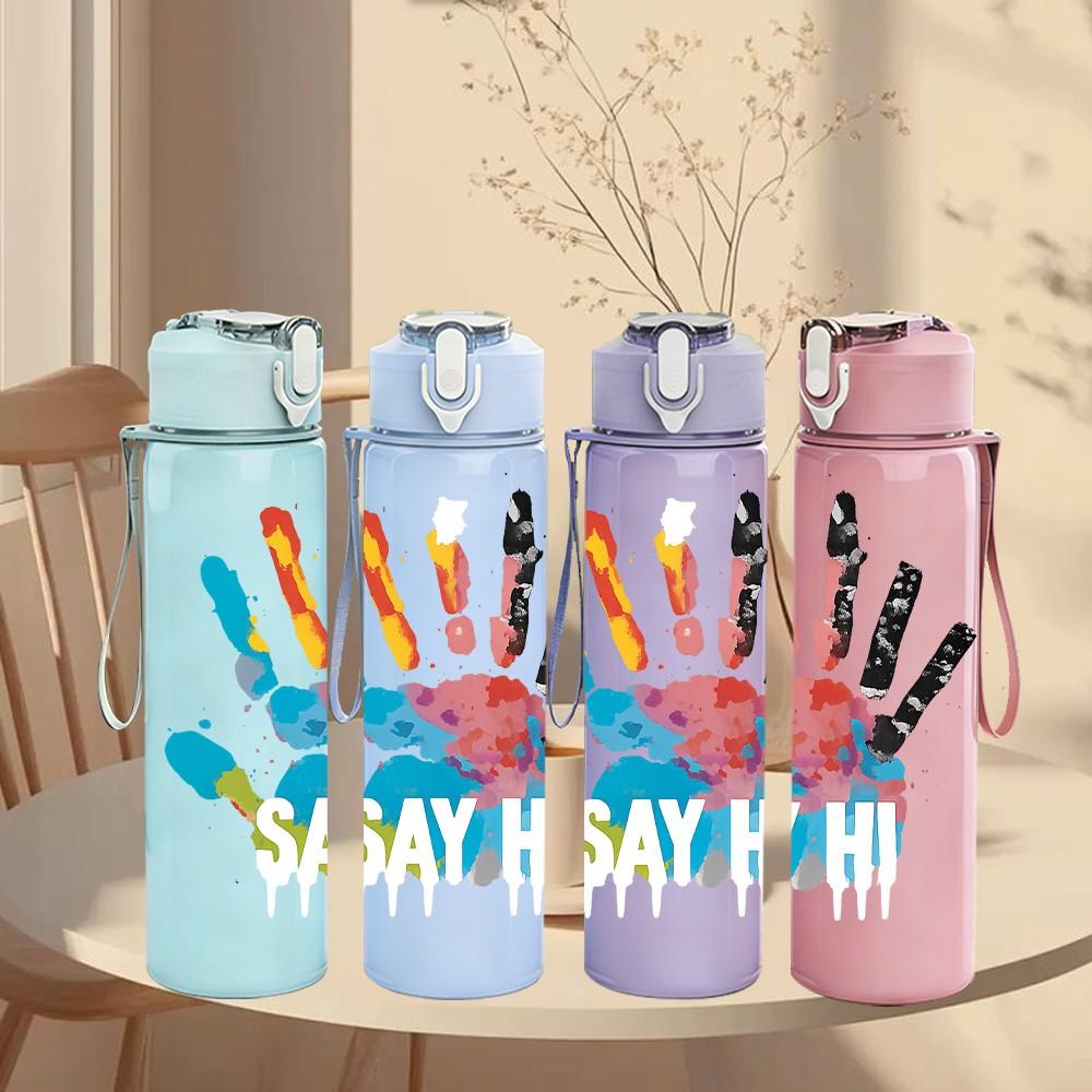 1PC Colorful Handprint Pattern 750ml Color Plastic Sports Water Bottle Leakproof Flip Straw Lid Suitable for Sports Office Home Use