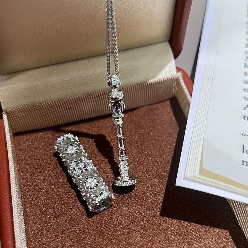 

Fairy Magic Wand Necklace Four-Leaf Clover Point Diamond Multi-Element Combination Pendant Brushed Retro Antique Collarbone Chain