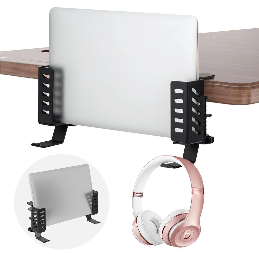 Set of 2 Desk Side Laptop PC Rack with Headphone Headphone 10kg Weight Vertical PC Desk Side Easy No Drilling Steel Construction Racks, Hooks, Stand,