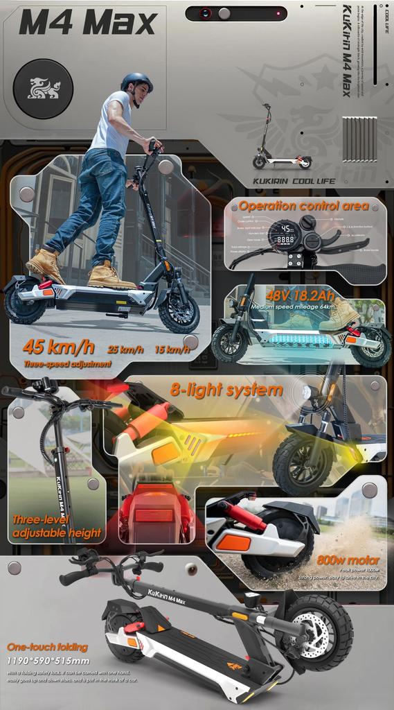 Kukirin M4 Max Folding Electric Scooter 10" Tires 800W Motor 48V18Ah Battery Max Range 64km 45km/h Max Speed
