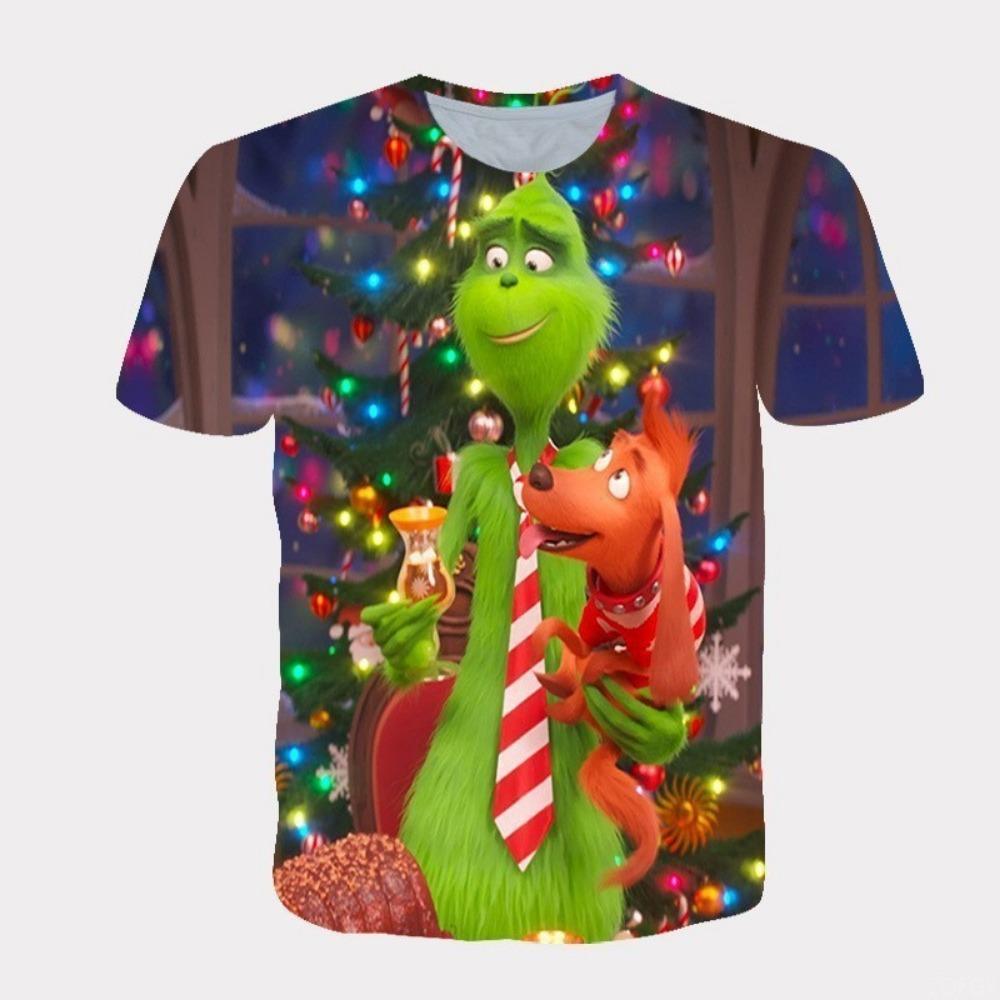 Nowy Świąteczny Kreskówkowy Zielony Futrzany Potwór Drukowany 3D Męski T-shirt z Krótkim Rękawem Świąteczny Grinch