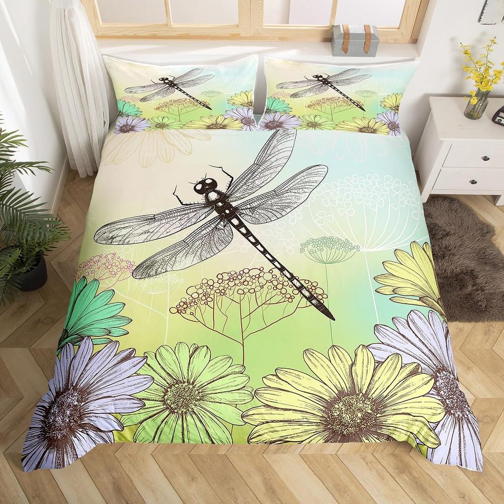 Dragonfly and Lotus Duvet Covers for Kids Teens Lightweight Quilt Covers Blossom Flowers Pond Natural Scenery Animal Bedding Set