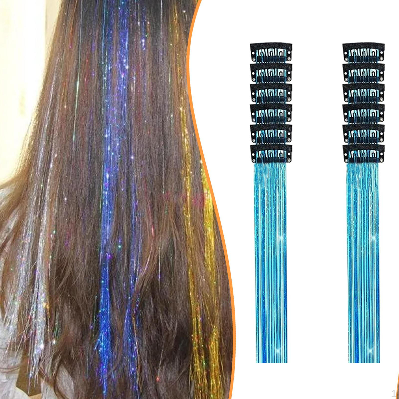 

12 Pieces Hair Tinsel Clip for Girls Sparkling Extensions Highlights Glitter Party Weddings Sky blue