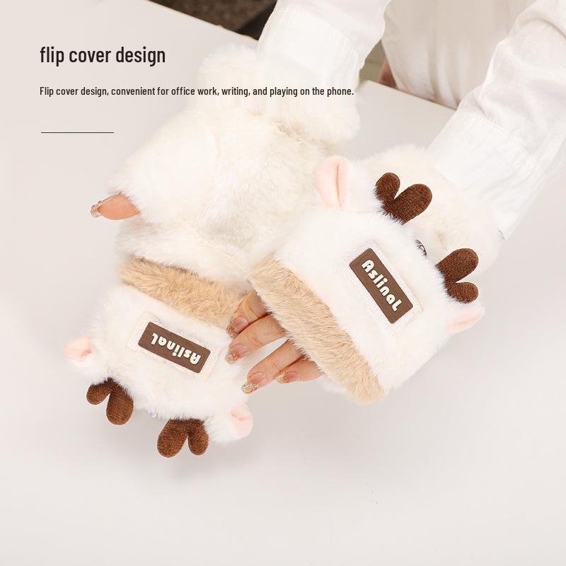 Women's Winter Warm Color Block Reindeer Flip Fingerless Gloves - Fleece Lined, Thickened & Anti-Freeze for Writing & Cycling