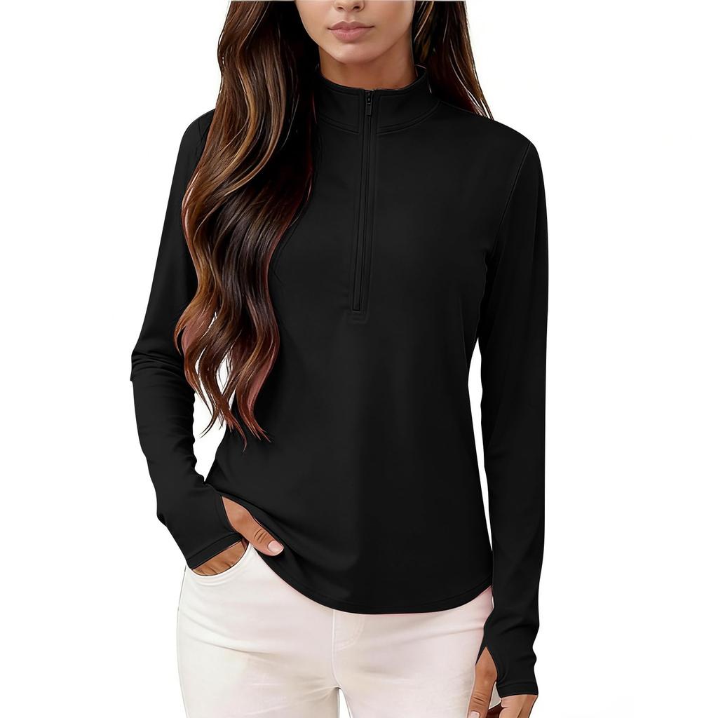 Women's Fashion Solid Slim Fit Casual Half Zip Quick Dry Stand Collar Fitness Sports Yoga Top Long Sleeve Lightweight Activewear