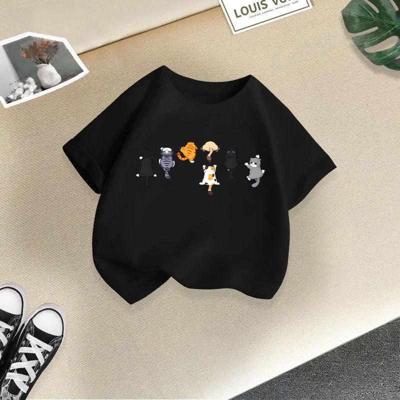 

Summer new boys and girls T-shirts breathable children s short-sleeved fashion cat casual girls trendy tops 160
