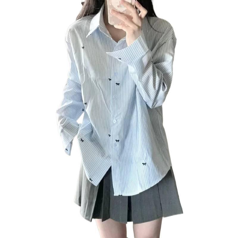 Women's Summer 2026 Bow Print Long Sleeve Light Blue Striped Sun Protection Shirt