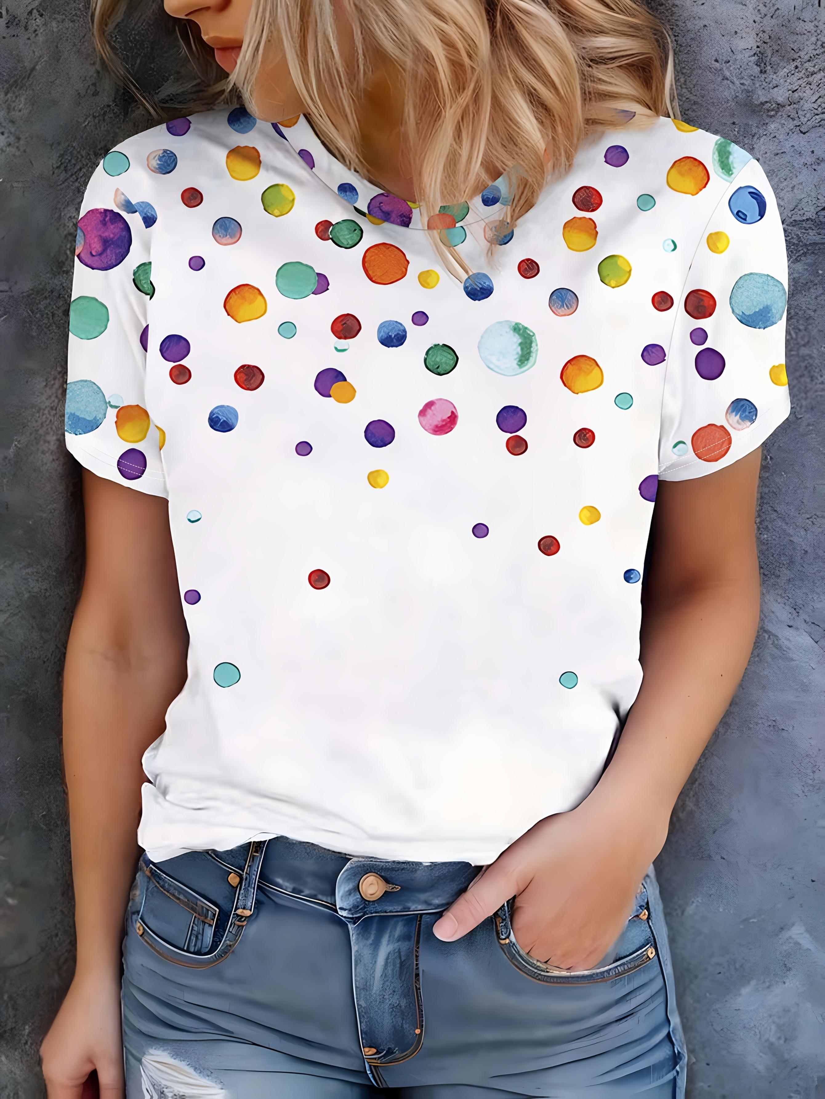

Women s Bright Polka Dot Watercolor Print T-Shirt - Casual 3D Embellished Top, 5XL