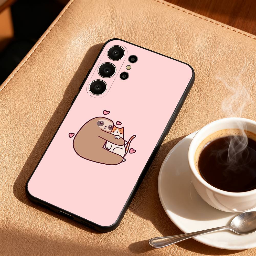 Cute Lazy Sloth Cozy Phone Case For Samsung S26,S25,24,23,22,30,21,10,9,Ultra,Plus,Lite,FE Soft Black Case