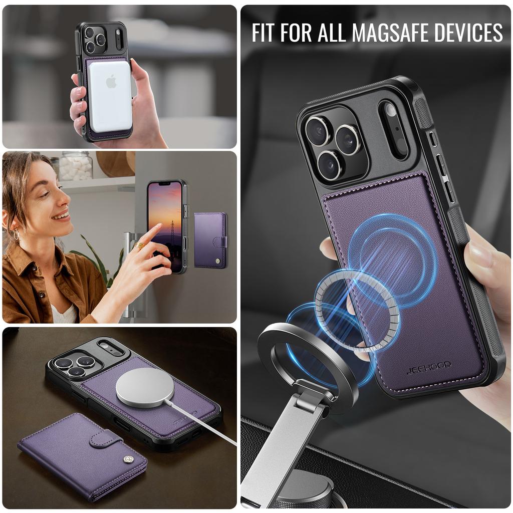 For iPhone 17 Pro Case JEEHOOD J09 RFID Blocking Card Holder Leather Back Phone Cover Compatible with MagSafe