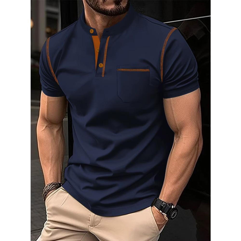 New Summer Men's Short-sleeved POLO Shirt, Stand Collar Pocket Men's Linen Pullover Monochrome Sliver, Slim Street Hot Sale,