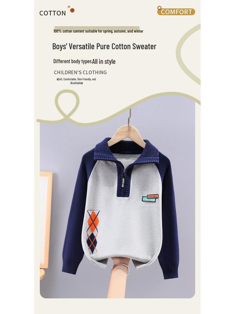 Boys' Cotton Half-Zip Fleece-Lined Knitted Pullover Sweater