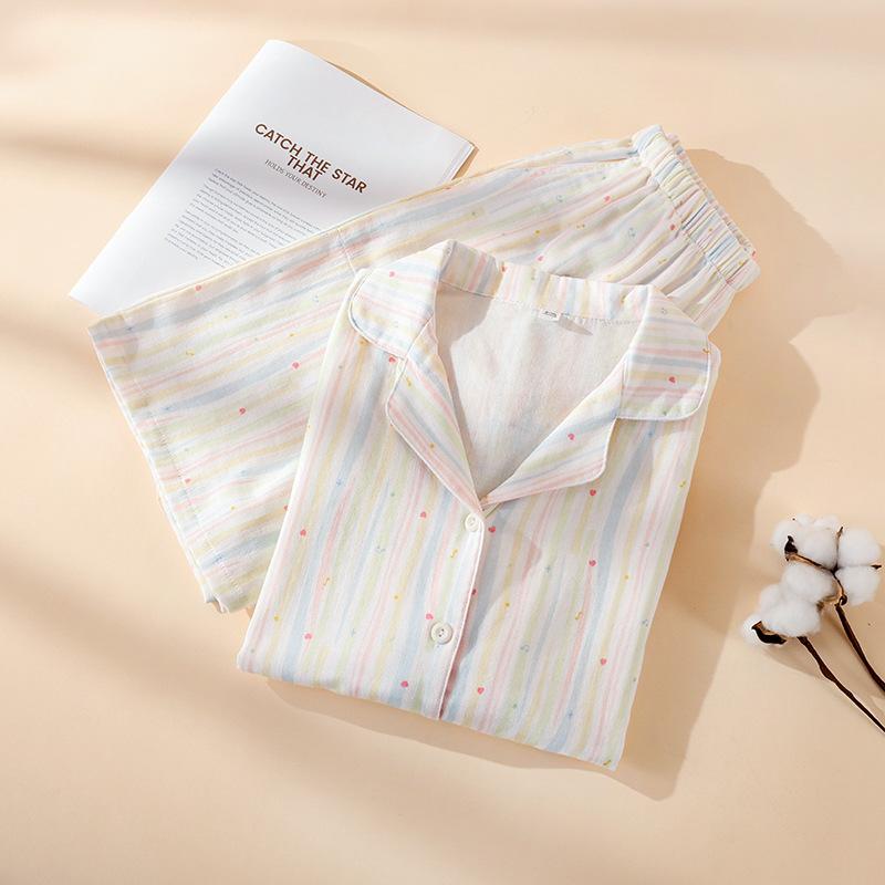 2026 Summer New Women's Pajama Set 100% Cotton Gauze Short Sleeve Shorts Two Piece Set Thin Cardigan Home Clothes Sleepwear
