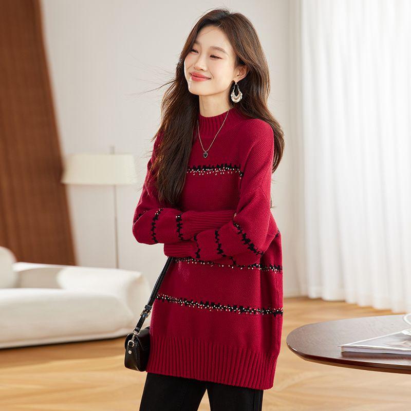 

Red Sweater Women s 2024 New Arrival Winter Classy Mid Length Long Length Tops Women s Hip-Covering Western Style Stripes Bottoming Shirt Red Stripes M