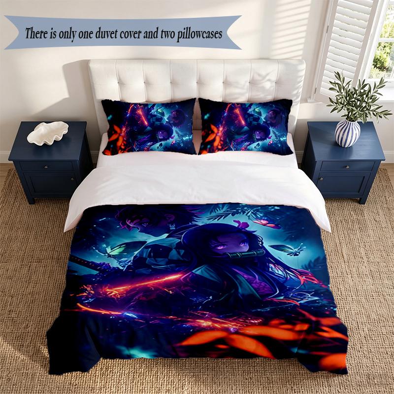 Demon Slayer 3‑Piece Bedding Set Soft Microfiber Duvet Cover Pillowcases Comfortable Bed Linen for Bedroom Decoration