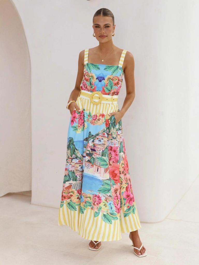 2025 Casual Fashion Linen Spaghetti Strap Maxi Dress