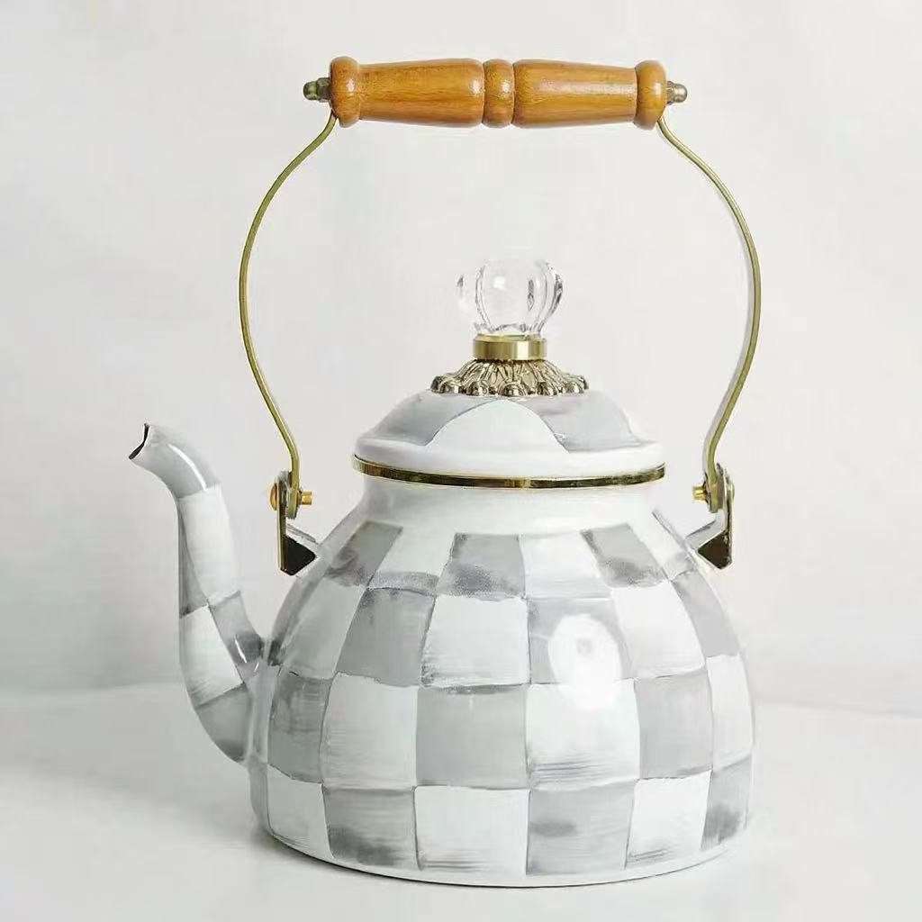 2.5 Quart Check Enamel Tea Kettle Vintage Enameled Teapot Stovetop For Water Coffee Tea Pot Home Kitchen Decor With Handle