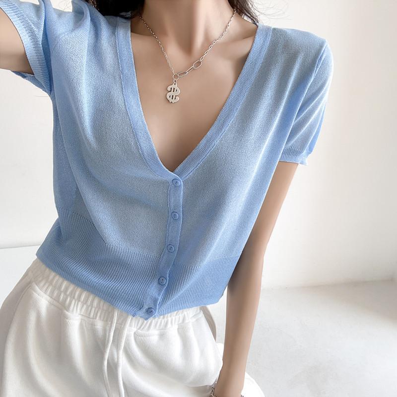 Outerwear Jerseys Summer Cardigan Women Cropped Blouses Korean Fashion Style Cute V-neck Women's Coat Black Bolero Woman Basic