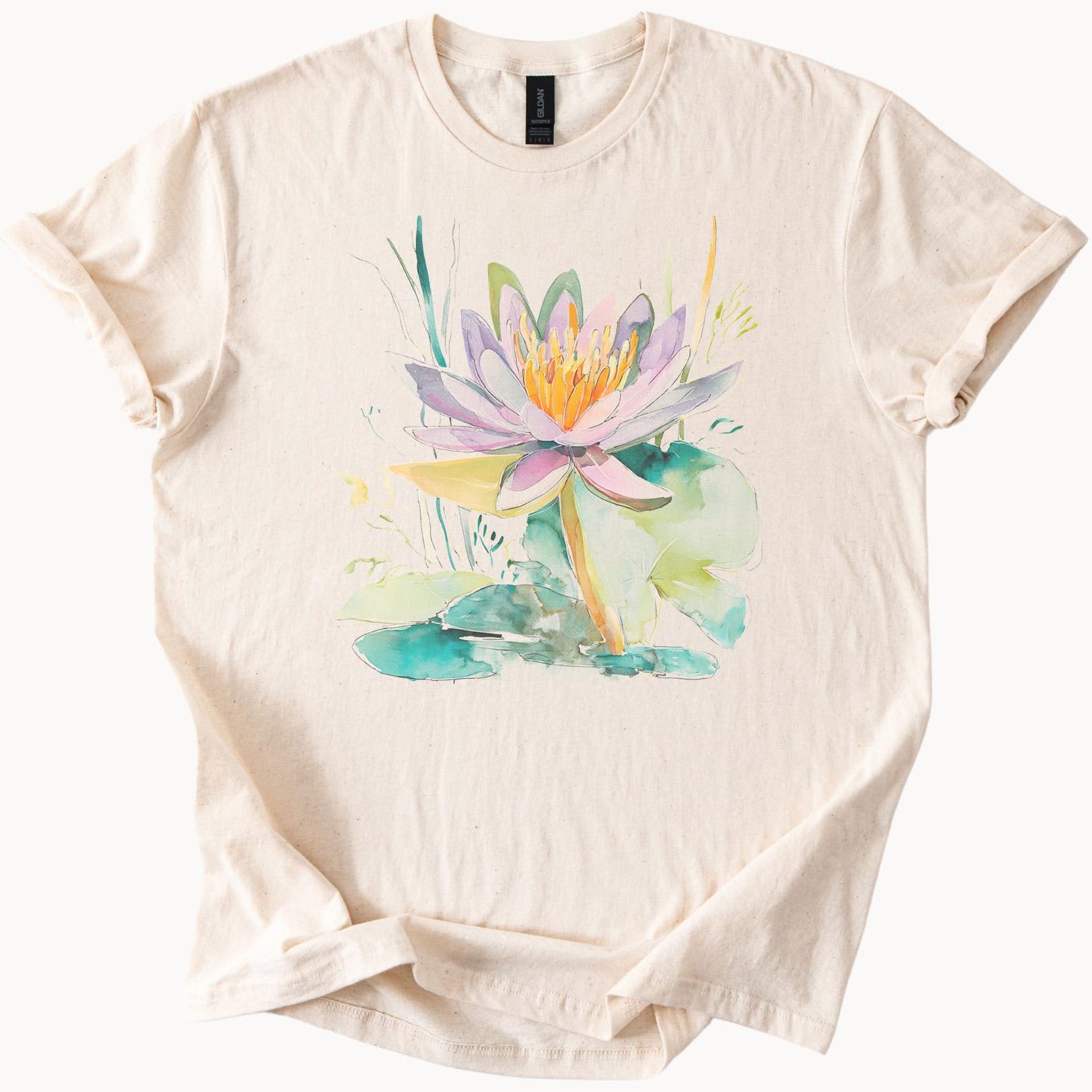 Watercolor Lotus Flower Graphic T Shirt Pastel Water Lily Artistic Natural Floral Shirt Botanical Art Print Lily Pad Tee Hand Painted Design 100