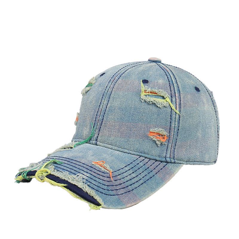 Trendy Washed Old Baseball Caps for Men and Women, Spring and Autumn New Fashion Versatile Rainbow Denim Ripped Cap