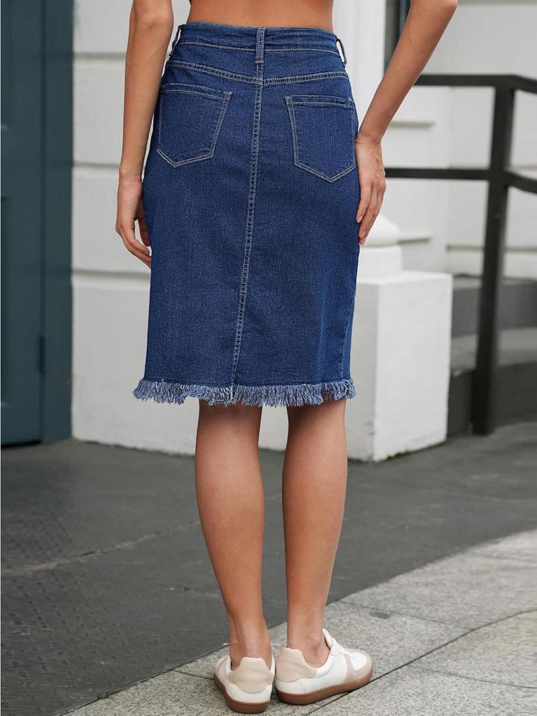2025 Elegant Stretch Denim Skirt with Frayed Hem and Multi-Button Design