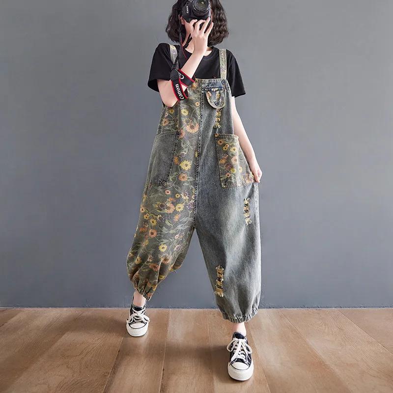 Salopette in denim con spalline, jeans larghi, tuta da donna, pantaloni larghi oversize, tasche grandi, stampa floreale