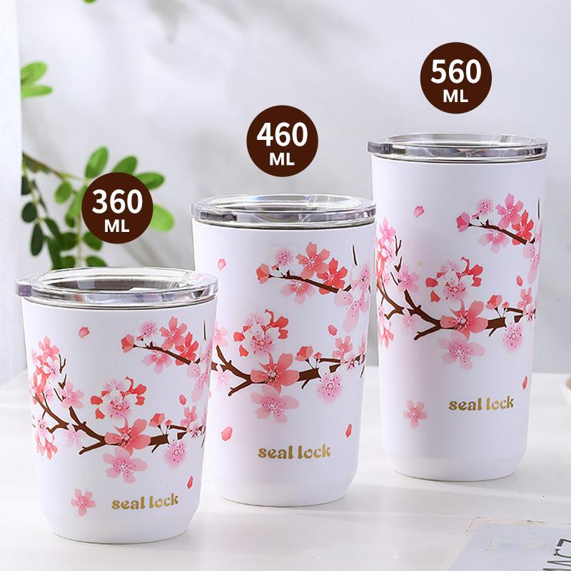 Tazza in Acciaio Inossidabile 304 Fiori di Ciliegio Tazza Portatile da Esterno Bottiglia Tazza per Tè al Latte Caffè Bottiglia d'Acqua Antigoccia Tazza d'Acqua Fiori di Ciliegio