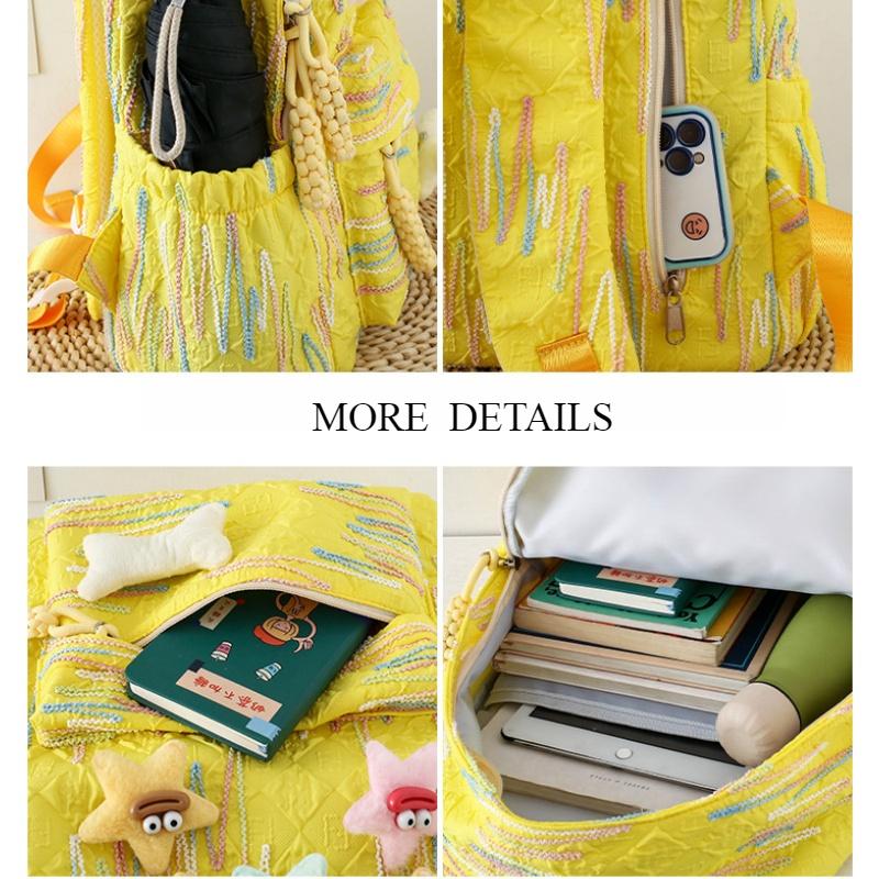 Autumn New Simple Lightweight Student Backpack Junior/high School Girl Schoolbag Cute Sweet Embroidery Striped Travel Book Bags with Cartoon Pendant