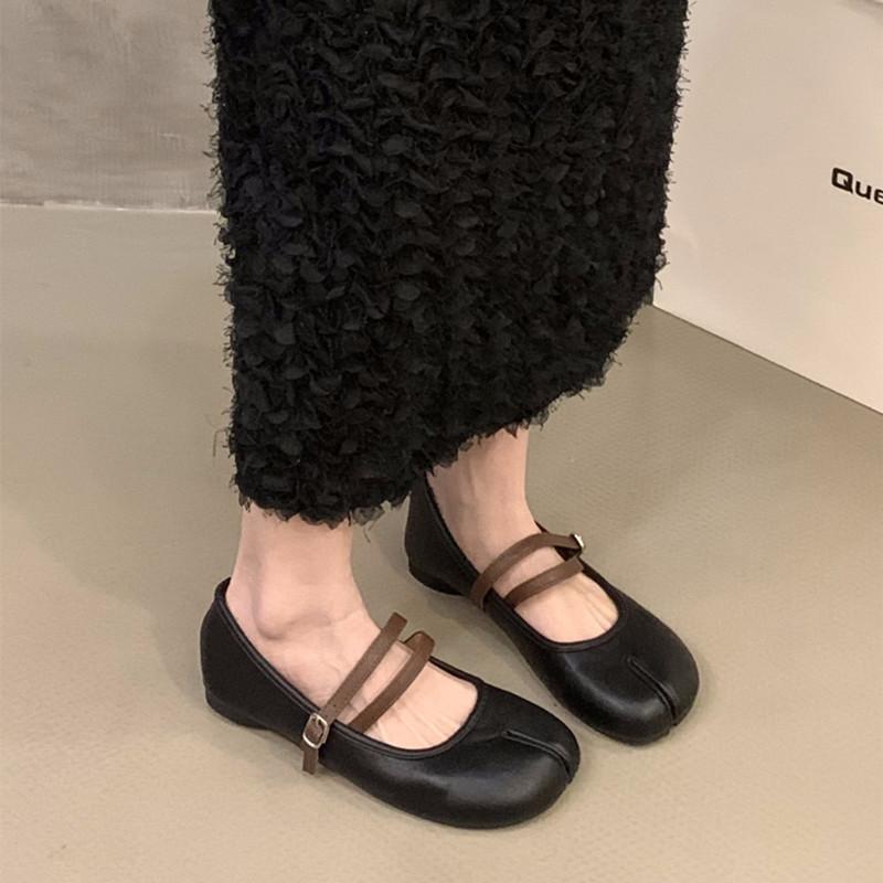 

Bailamos Spring Women Flat Shoes Fashion Split Toe Flat Heel Laofer Shoes Shallow Soft Leather Casual Outdoor Mary Jane Shoes 35