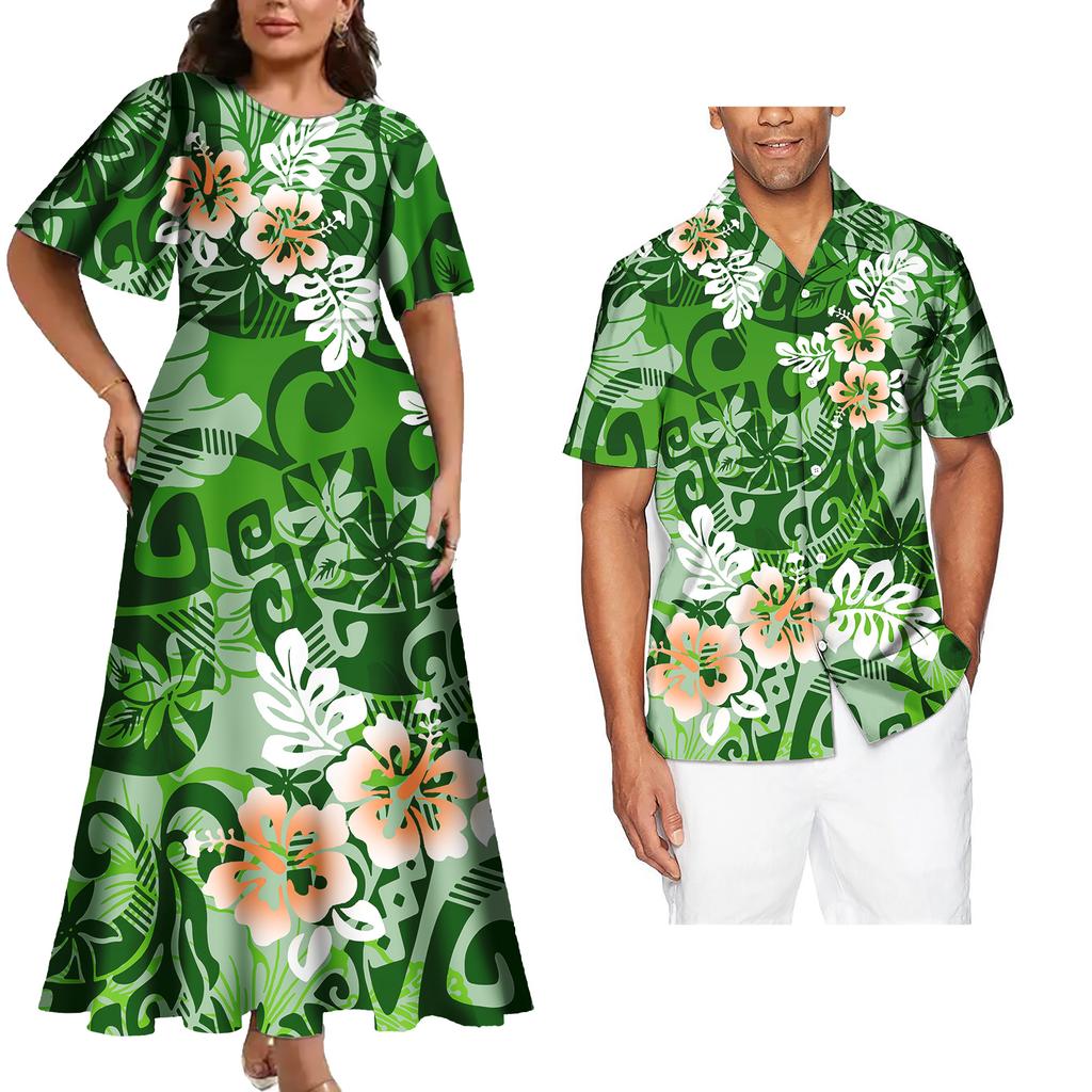 Tenues Assorties pour Couple Ensemble Deux Pièces Femme Robes de Soirée Assorties Chemises Homme Tenues de Couple Tribales Polynésiennes Samoa Personnalisées