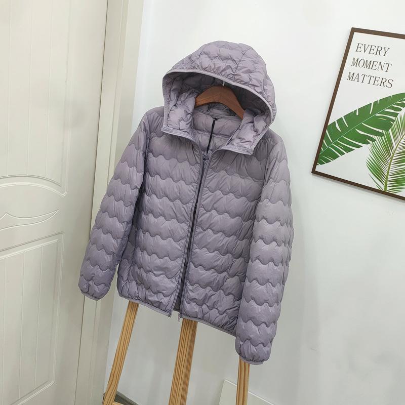 

Жіноча легка пухова куртка з капюшоном: Короткий стиль, Трендовий, Універсальний, Що стрункішає, Великий розмір, Пух білої качки, Тонке пальто. 4XL фіолетовий