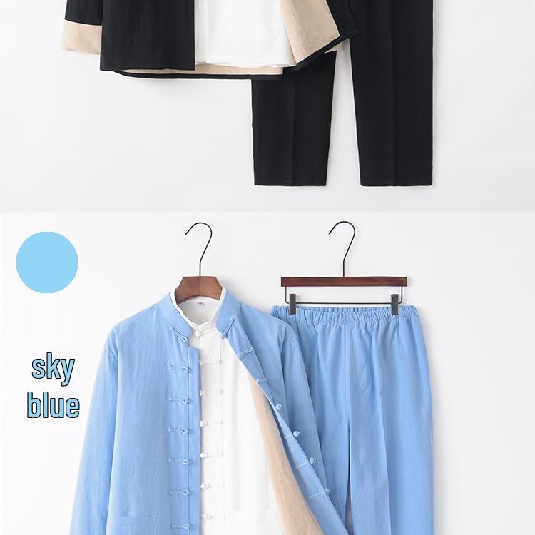 Men's Chinese Tang Suit: Cotton Linen Three-Piece Set with Stand Collar - Zen Meditation Outfit for Spring and Autumn