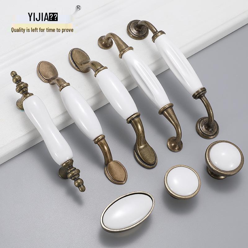Antique Bronze & White Ceramic Cabinet Handle - European Style for Wardrobe, Drawer, Shoe Cabinet, Wine Cabinet, and Kitchen Doors.