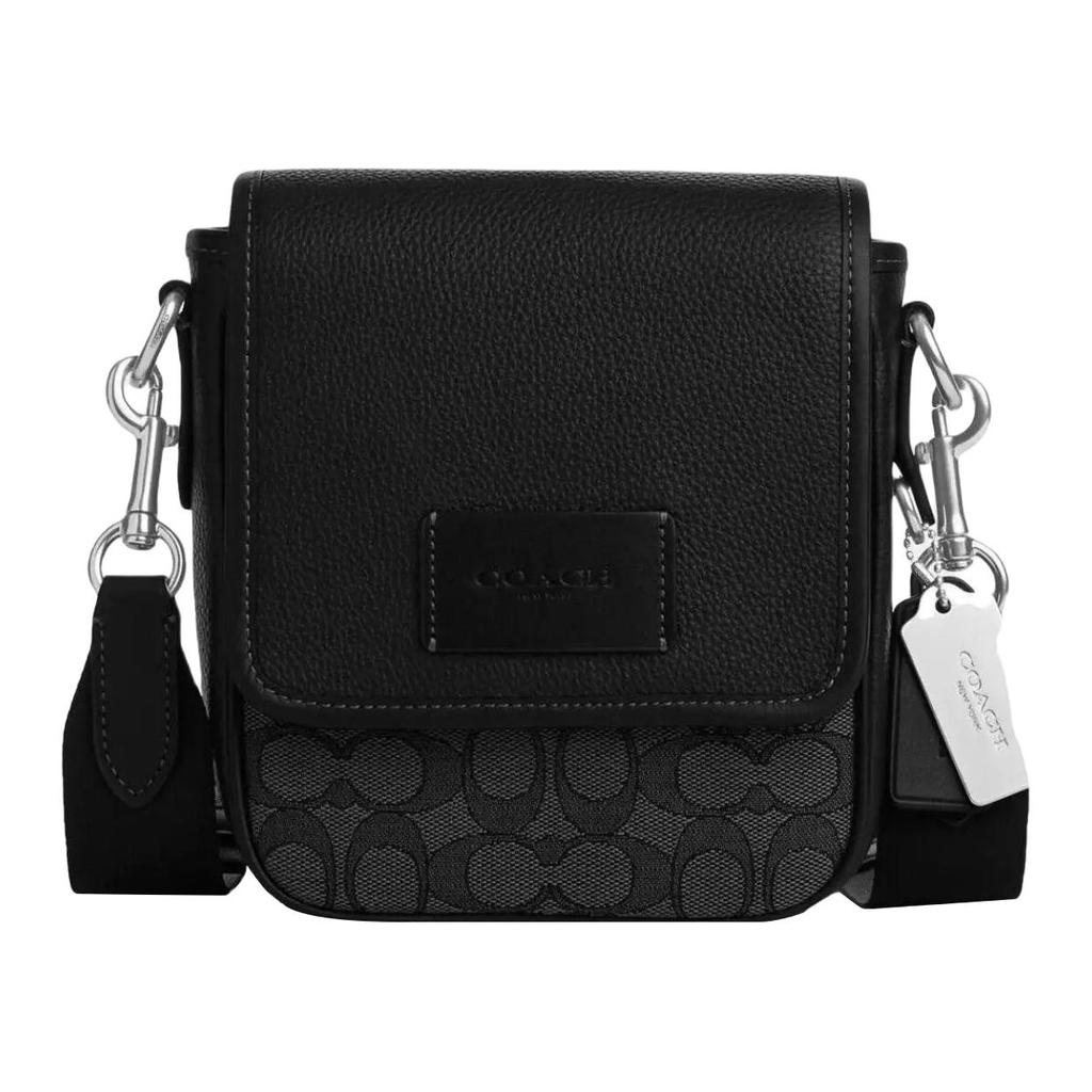 Coach Lucas 16 Classic Monogram Magnetic Closure Leather And Fabric Shoulder Crossbody Bag Small Men bags Black CO915-SVO1U