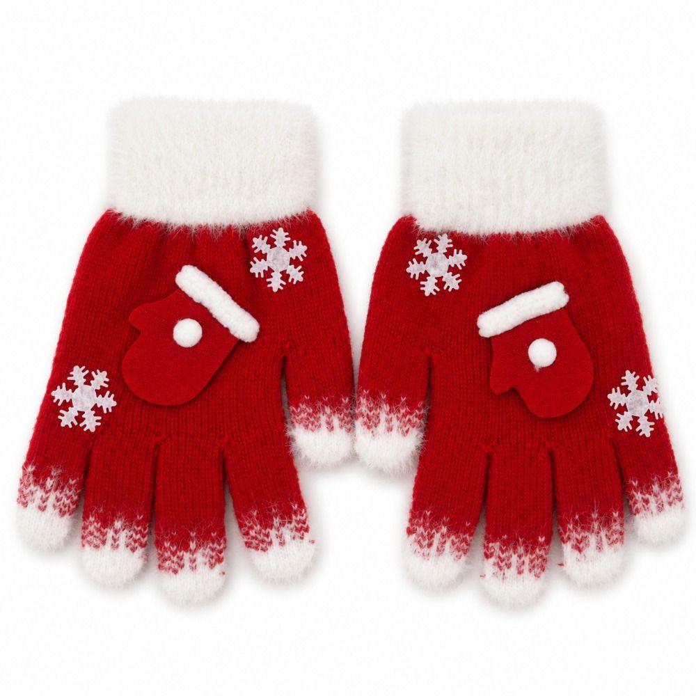 Snowflake Pattern Five-finger Gloves Windproof Winter Warm Glove Christmas Knitted Glove  Girls