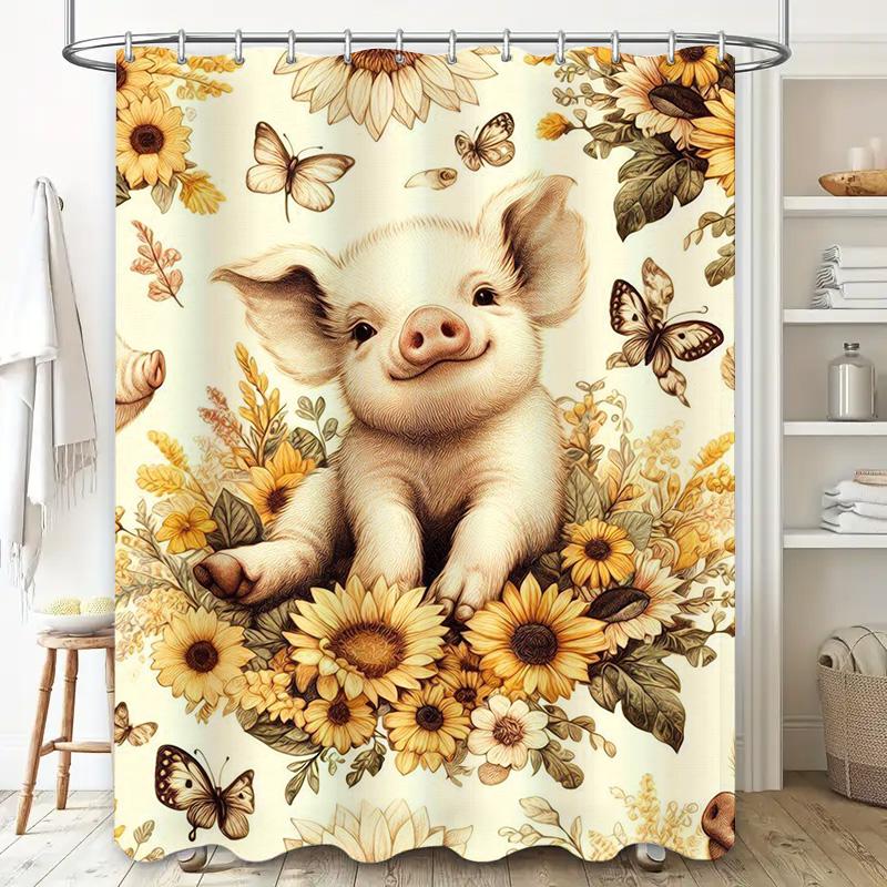 Sunflower Shower Curtain Rustic Farmhouse Decor Toned Pig Bath Mat Set for Bathroom Decoration