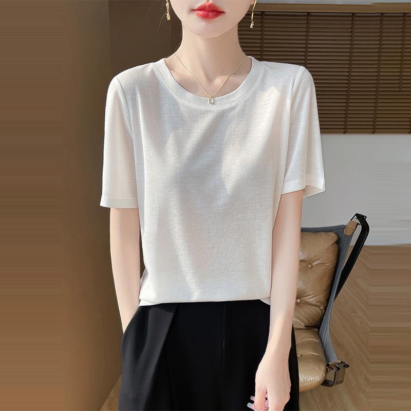 Damen Sommer Neu Lycra Stoff Rundhals Kurz Dünn Weich Hautfreundlich T-Shirt Kurzarm Vielseitige Oberteile