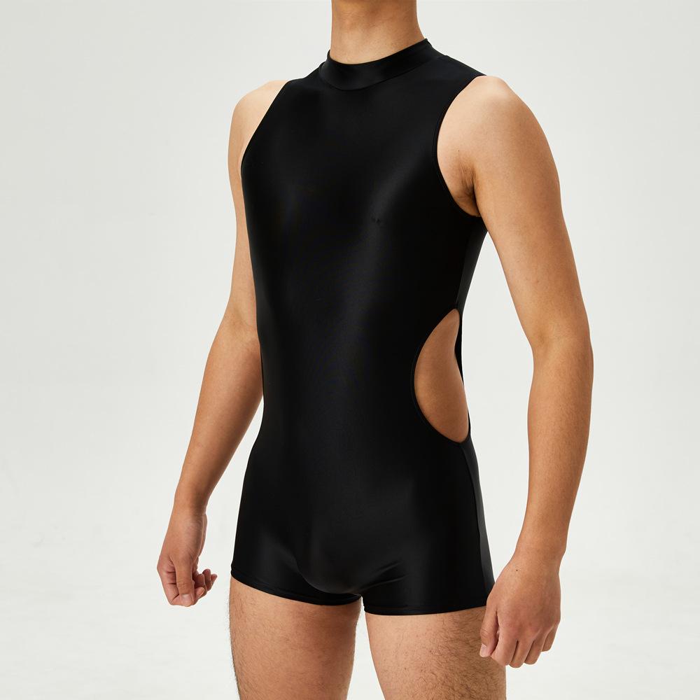 Sexy Herren-Einteiler Ausgeschnittenes Bodysuit Unisex Strumpfhose Elastisches Leotard Öl Glänzend Glatt Leotard Formgebender Jumpsuit