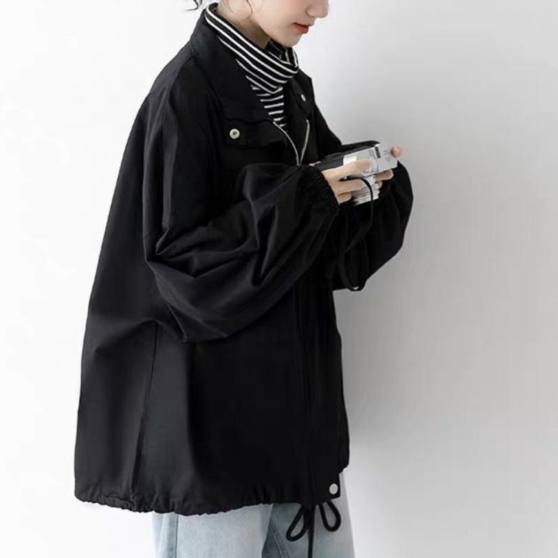 Retro Dámské Jarní a Podzimní Nové Prošívané Stojáček Kapsa na Zip Módní Jednobarevné Volné Ležérní Bundy s Dlouhým Rukávem