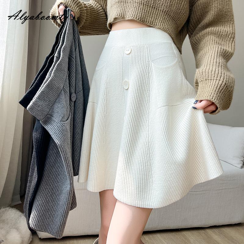 Autumn Winter Women Mini Knitting Skirt High Waist Beige Gray Black Knitted Short Skirt Sweet Buttons High Waist Warm Skirt With Pockets