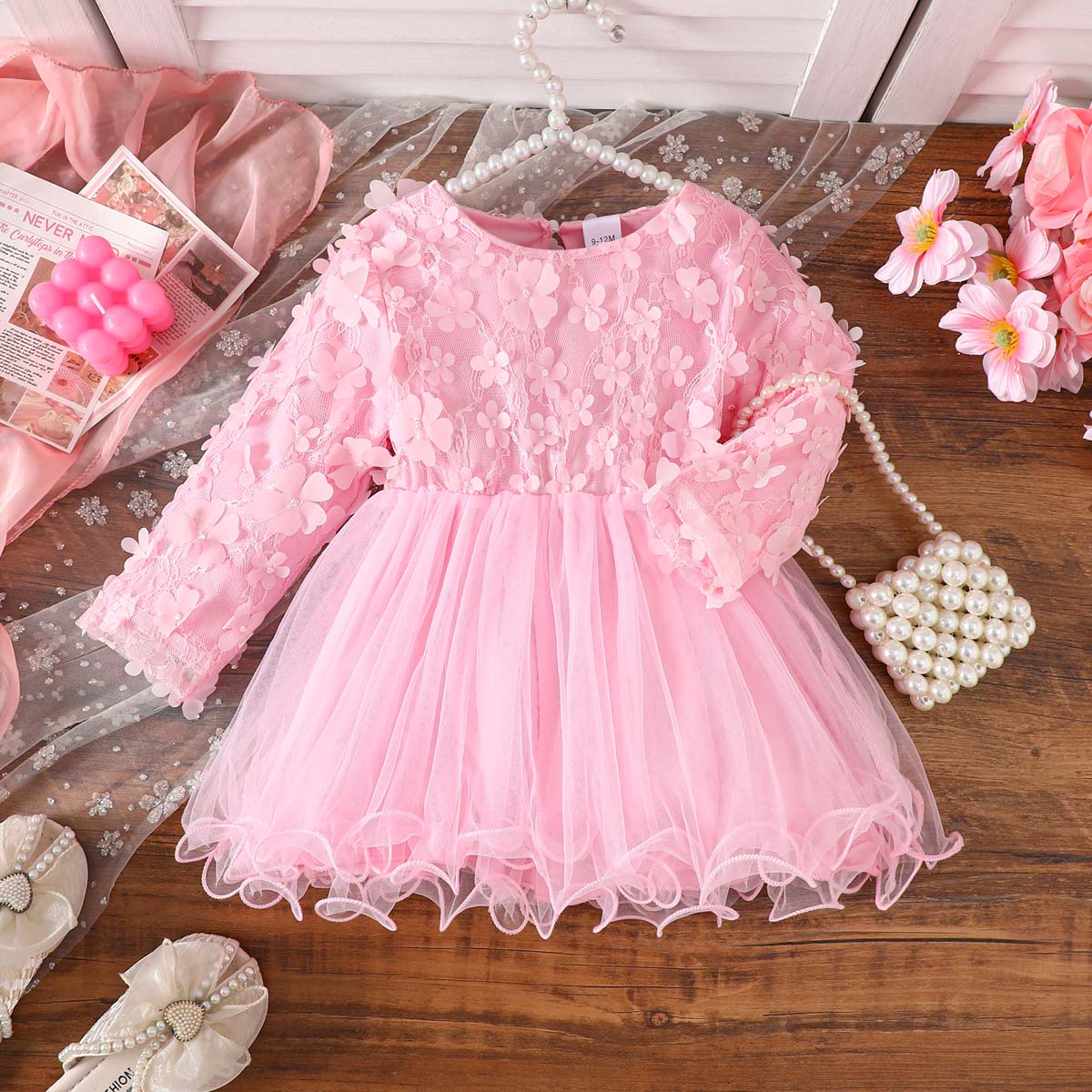 Infant Baby Girls Spring Autumn Dress Lace Patchwork Princess Tulle Dress Flower Party Holiday Birthday Princess Dress for Infant Girls 3-6M розовый
