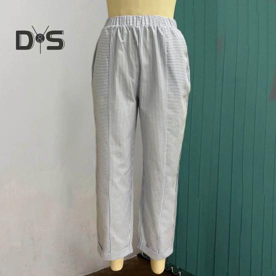 Damen Freizeithose Elastische Taille Mittelhohe Sommer-Jacquard-Lange Hose mit Taschen Streifenmuster Locker sitzende Hose