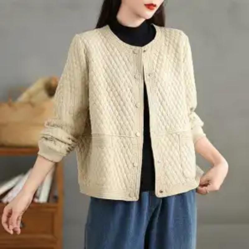 Fashionable Casual Cotton Diamond Hoodie Short Jacket Women Age-reducing Slimming Round Neck Long-sleeved Cardigan