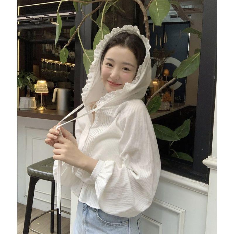 

Korean Chic26 Early Spring New Style French Design Lace Elastic Waist Hooded Sun Protection Long-Sleeved Shirt Off-White One size fits all