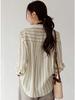 Retro Striped Long Sleeve Shirt with Fold Collar and Pocket - Korean Casual Spring/Summer Style